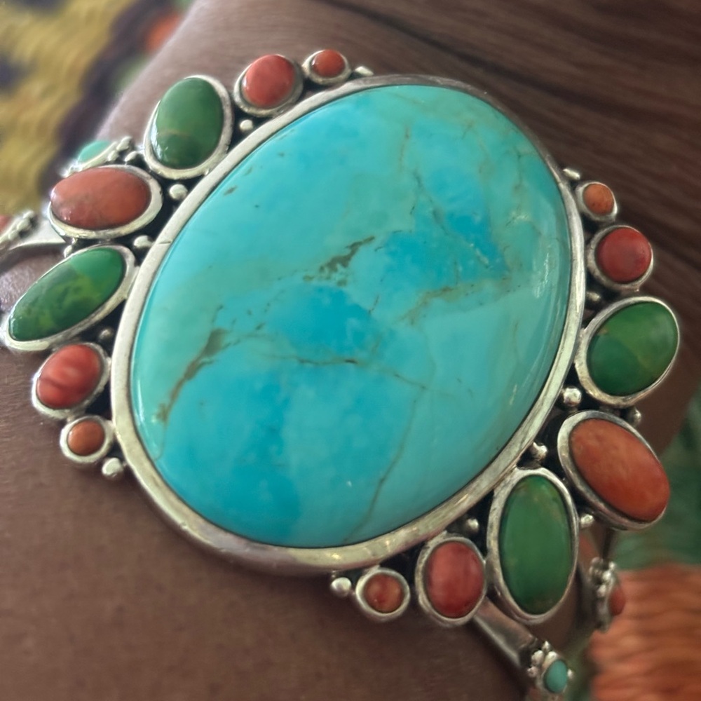 Blue and Orange Statement Cuff Bracelet with Turquoise/wt turquoise ring - Picture 2 of 11